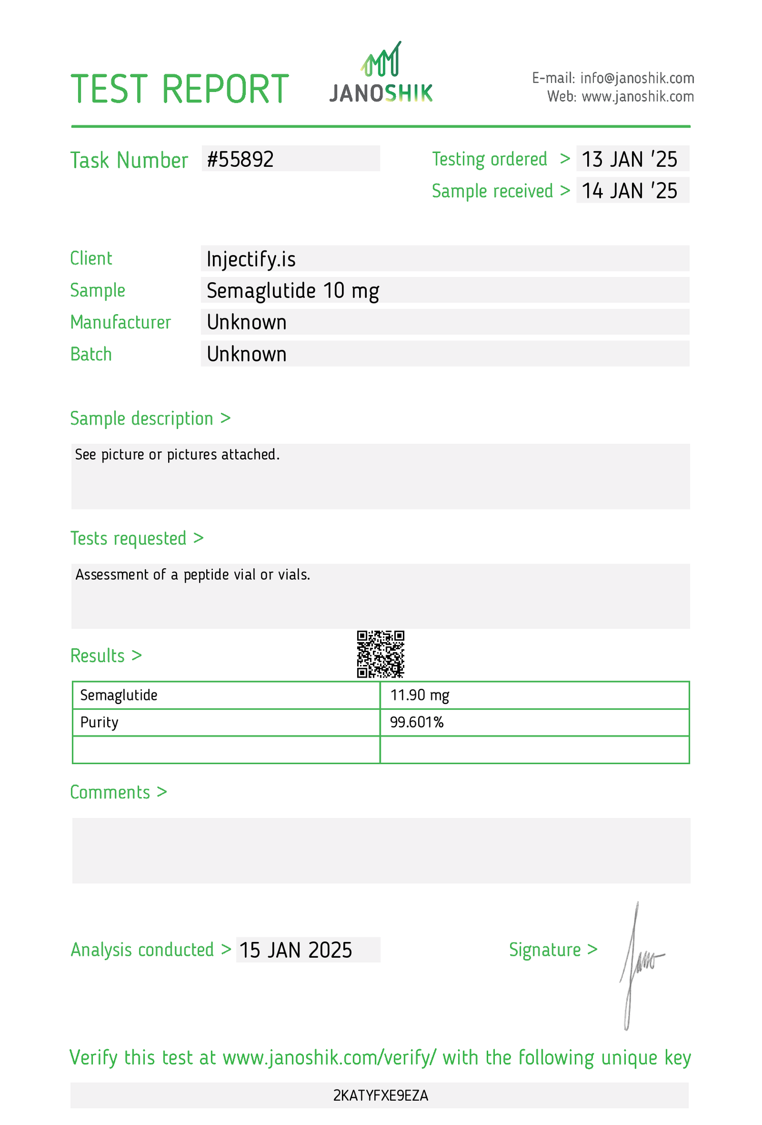 Janoshik Test Report for Semaglutide