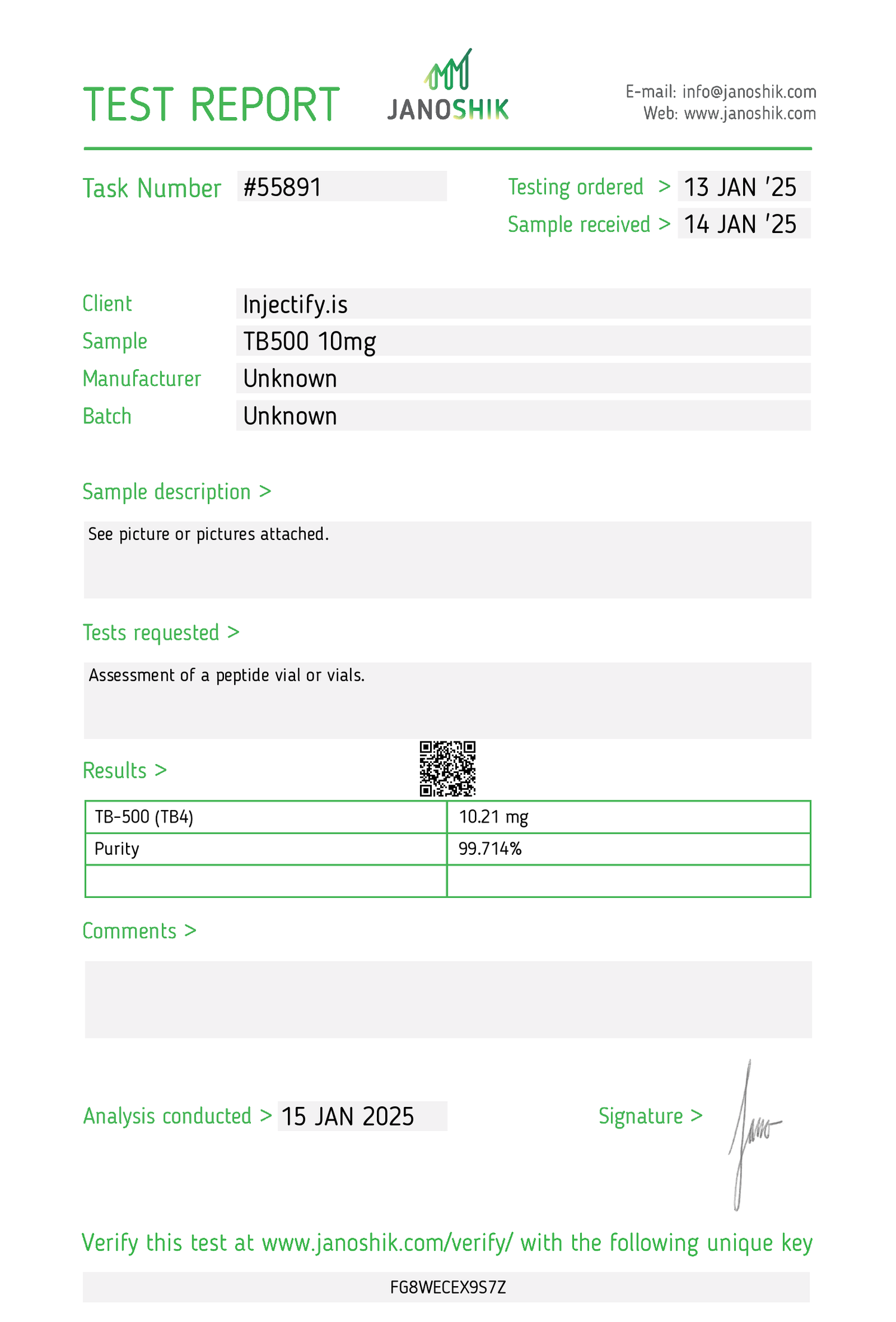 Janoshik Test Report for TB500