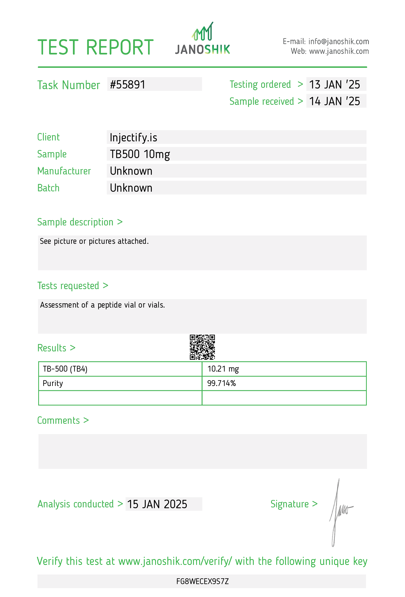 Janoshik Test Report for TB500